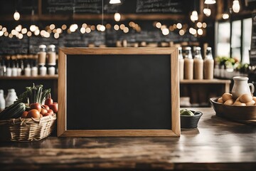 large blank blackboard menu on wooden counter inside a coffee shop or organice grocery store - obrazy, fototapety, plakaty