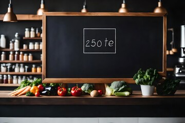 large blank blackboard menu on wooden counter inside a coffee shop or organice grocery store