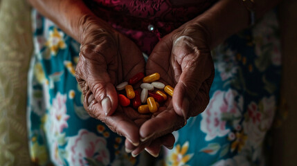 With a blend of uncertainty and hope, a woman clasps a handful of medications in her hands, each one a potential solution to her health concerns, depicted in a close-up shot.