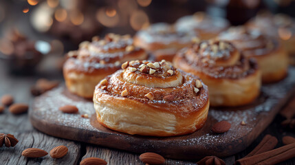 Freshly baked cinnamon rolls topped with nuts, set on a wooden surface, with warm bokeh lights in the background