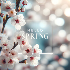 A generative AI illustration of white cherry blossoms blooming on tree branches, bathed in sunlight, with the words “HELLO SPRING” written on it.
