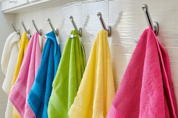Shot of row of colorful towels hanging on wall hooks