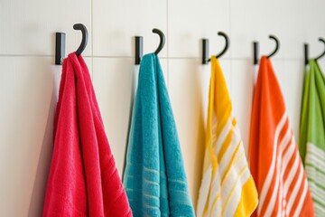 Shot of row of colorful towels hanging on wall hooks