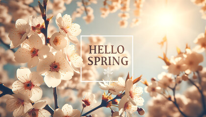 A generative AI illustration of white cherry blossoms blooming on tree branches, bathed in sunlight, with the words “HELLO SPRING” written on it. - obrazy, fototapety, plakaty