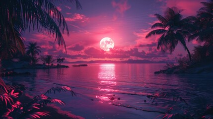 3d tropical sunset with island and palm trees. Ocean and neon sun in synthwave and new retrowave aesthetics 80s 90s - obrazy, fototapety, plakaty