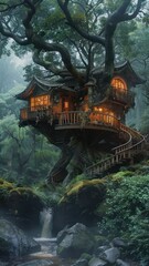 Fantasy forest treehouse. enchanted home in nature's landscape. Green fairy wood with mysterious doors and windows. Magic light illuminates dreamy misty night adventure