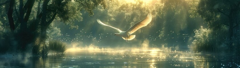 Heron Soaring Over River at Sunset. In the tranquil beauty of the evening, a graceful heron takes...