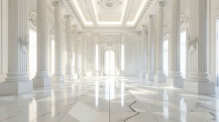 Corridor with roman pillars and bright light at the exit,white room, 3d rendered - obrazy, fototapety, plakaty