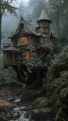 Fantasy forest treehouse. enchanted home in nature's landscape. Green fairy wood with mysterious doors and windows. Magic light illuminates dreamy misty night adventure