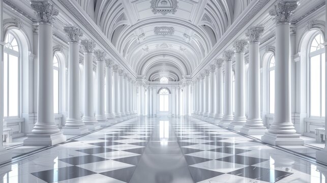 Corridor with roman pillars and bright light at the exit,white room, 3d rendered