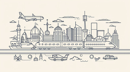 Obraz premium Vehicles like planes, trains, and boats in a sleek and modern line art style.