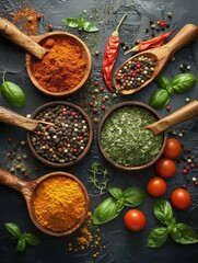 Spices and herbs , decor with wooden spoons