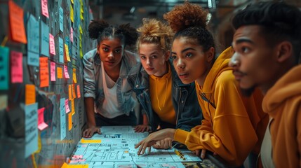 happy multiethnic group of Young people employees workers with laptop in startup studio. Human resource business and teamwork concept on computer. Start up at office brainstorming.