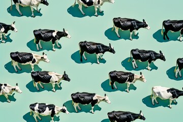 Patterned arrangement of black and white cows on a turquoise background, perfect for creative design themes
