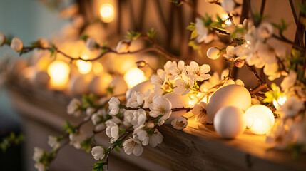 A captivating Easter display featuring a warm, glowing string of lights interwoven with delicate spring blossoms and eggs on a rustic wooden mantle.