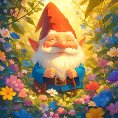 An illustration of a joyful garden gnome with a beaming smile, standing amidst a burst of colorful wildflowers in a sunlit, enchanted garden.
