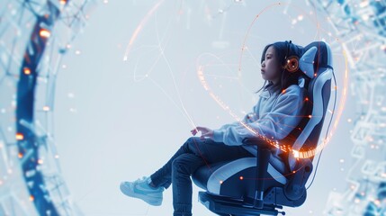 boy experiencing virtual reality sitting in interactive moving chair - obrazy, fototapety, plakaty
