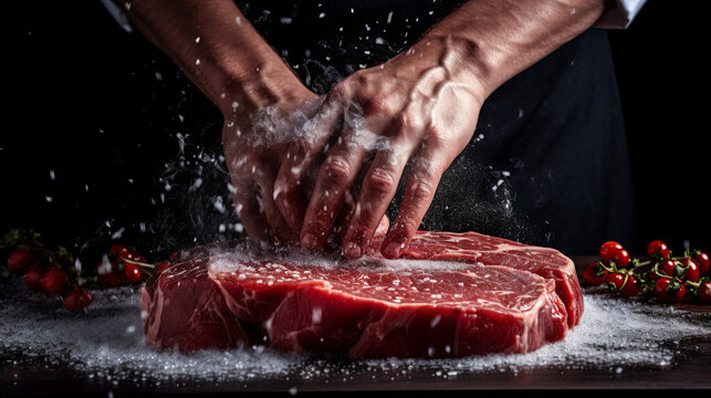 Beef steak and chef salt on dark isolated background Horizontal photo. Food background.