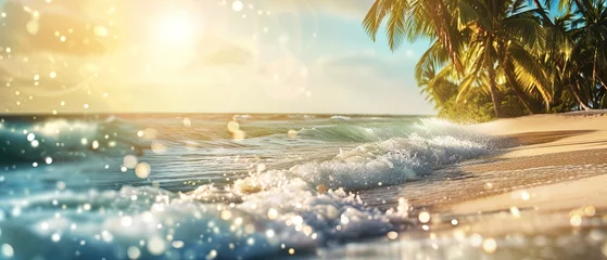 Foto auf Alu-Dibond Serene beachscape with a surfboard on sand, framed by palm trees, overlooking the ocean. Banner beautiful coastal scene with a laid-back tropical vibe © Anna Zhuk