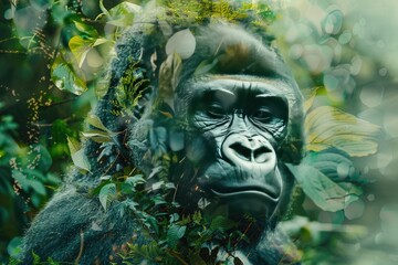 Obraz premium A gorilla overlaid with the lush greenery of a tropical rainforest in a double exposure 