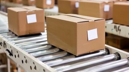 Box on conveyor roller.Cardboard boxes on conveyor belt in distribution warehouse