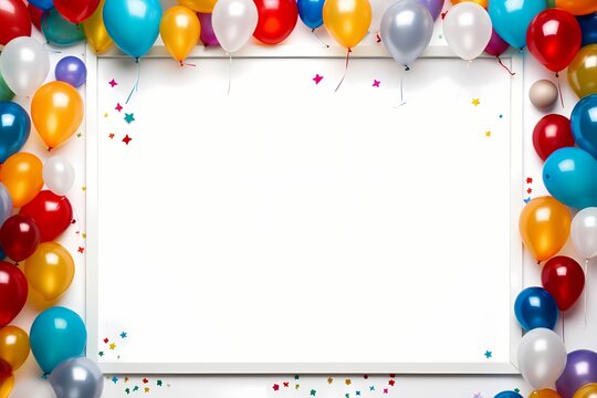 A high-definition snapshot captures the excitement as balloons, large and small, form a colorful border around an empty birthday frame, ready for celebration.