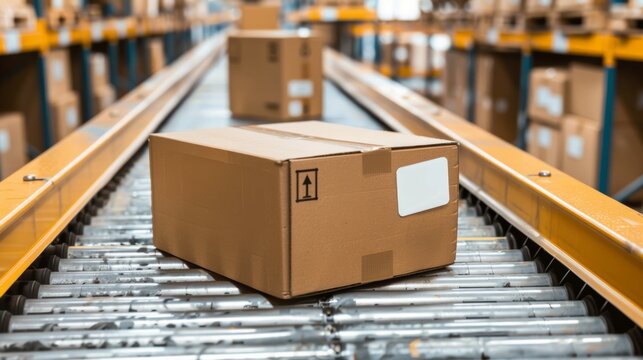 Box on conveyor roller.Cardboard boxes on conveyor belt in distribution warehouse