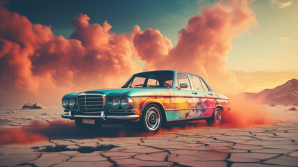 A retro car in the desert with colorful clouds in the background.
