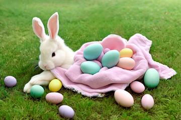 Adorable Bunny Decor. A charming arrangement of plush Easter bunny toys, pastel-colored ribbons, and decorative eggs