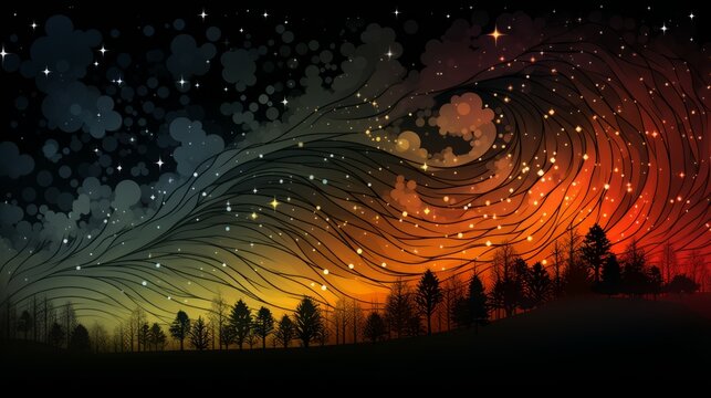 Landscape with a night sky with stars and clouds. Colorful vector illustration of beautiful midnight starry skies. Pretty dark night sky with twinkling stars. Background art of a sky full of stars.