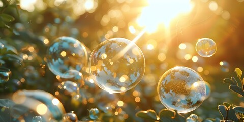 Whimsical Scene of Glistening Soap Bubbles Floating in the Sunlight. Concept Soap Bubbles, Glistening, Sunlight, Whimsical Scene