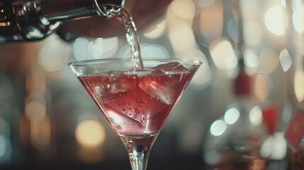 Detailed close-up of a bartender pouring vodka cosmopolitan into a martini glass, showcasing the cocktail's shimmering appearance and elegant presentation. - obrazy, fototapety, plakaty