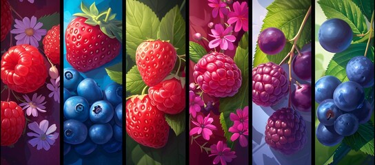 Assortment of ripe summer berries neatly aligned highlighting the freshness and juicy texture of...