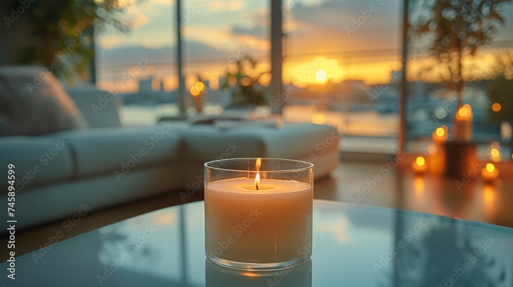 Canvas Prints White candle in glass on a minimalist table, in a very bright spacious modern living room, windows showcasing a cityscape, in a large luxury apartment