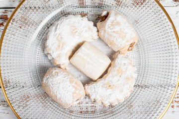 Almond and apple cookies. Pastry product. Variety of cookies on a white background. Top view