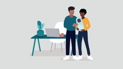 Vektor-Illustration eines Paares mit einem Baby, das entspannt im Home-Office arbeitet - Business-Konzept