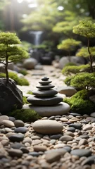 Schilderijen op glas A Zen garden image with perfectly raked gravel, harmoniously arranged rocks, and bonsai trees evokes a sense of peace and mindfulness. © DilSpace