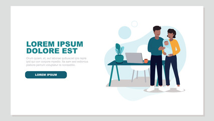 Vektor-Illustration eines Paares mit einem Baby, das entspannt im Home-Office arbeitet - Business-Konzept