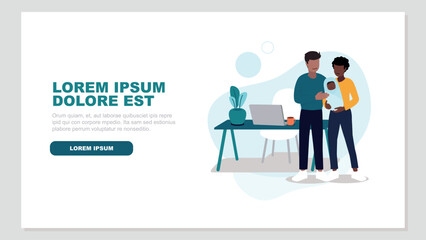 Vektor-Illustration eines Paares mit einem Baby, das entspannt im Home-Office arbeitet - Business-Konzept