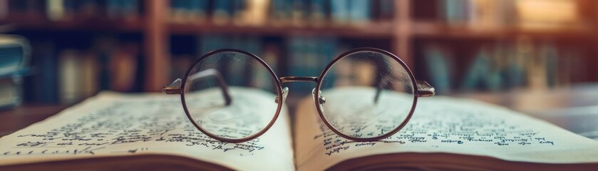 confines of the classroom, a pair of vintage eyeglasses rests upon an open book, their lenses...