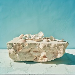Minimalistic seaside pedestal adorned with seashells, evoking a sense of oceanic tranquility perfect for display purposes