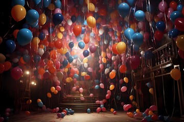 A high-definition capture showcases the joyous assembly of balloons, both big and small, around an empty birthday frame, ready for a photographic spectacle. - obrazy, fototapety, plakaty