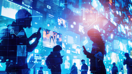 Digital Communication in the Urban Night: Silhouetted people using smartphones in a colorful and futuristic light display