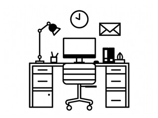 Outline icon of office personal work station. Black line with a white background.