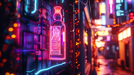 Dreamlike vodka bottle neon sign amidst city lights.