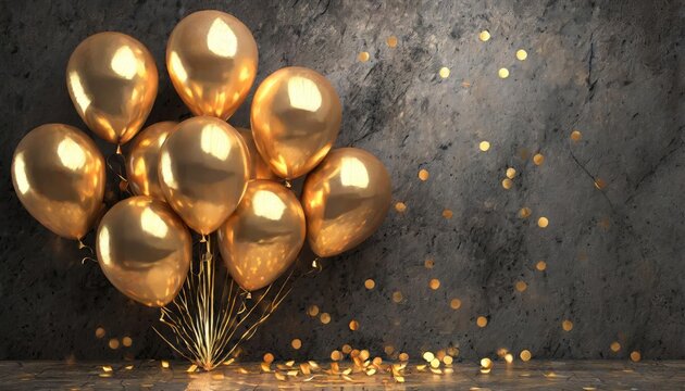 Golden balloons bunch on a black concrete wall background. Horizontal banner. 3d rendering; with free space for writing and congratulations to the wedding