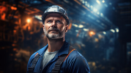 A portrait of a construction worker wearing a safety helmet, standing against the backdrop of a large construction site.