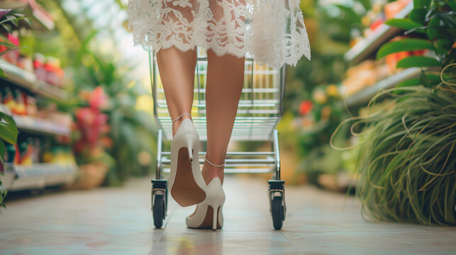 girl in high heels in a white dress pushing a shopping cart, grocery store