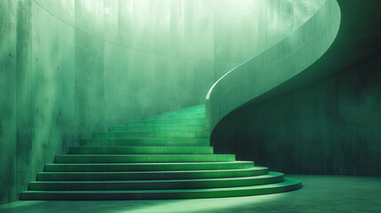 Fototapeta premium Spiral staircase illuminated by soft green light in an abstract architectural space offering a serene atmosphere for contemplation
