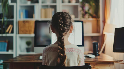 Homeschool concept. Back view of little young girl student learning virtual internet online class from school teacher by remote meeting. - obrazy, fototapety, plakaty